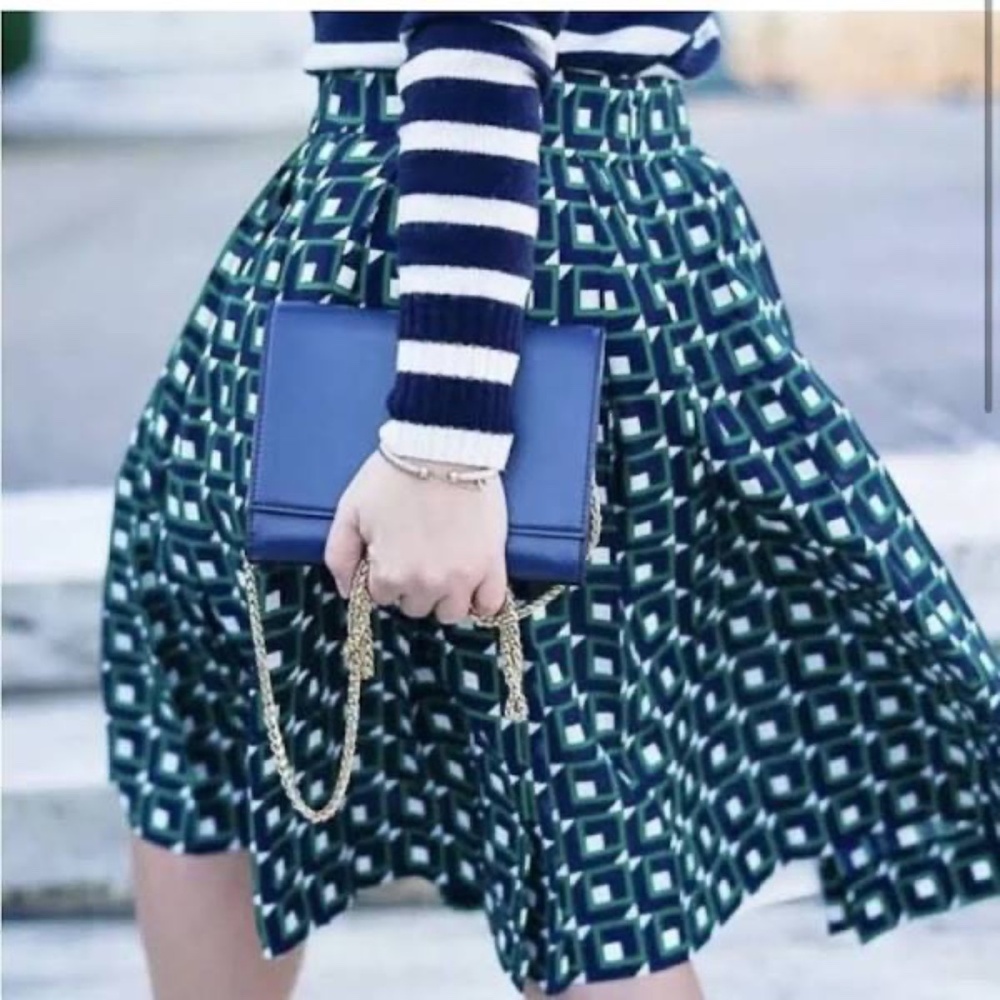 J. Crew Blue/Green Geometric Pleated Skirt Size 10 Business Casual ~ Preppy!